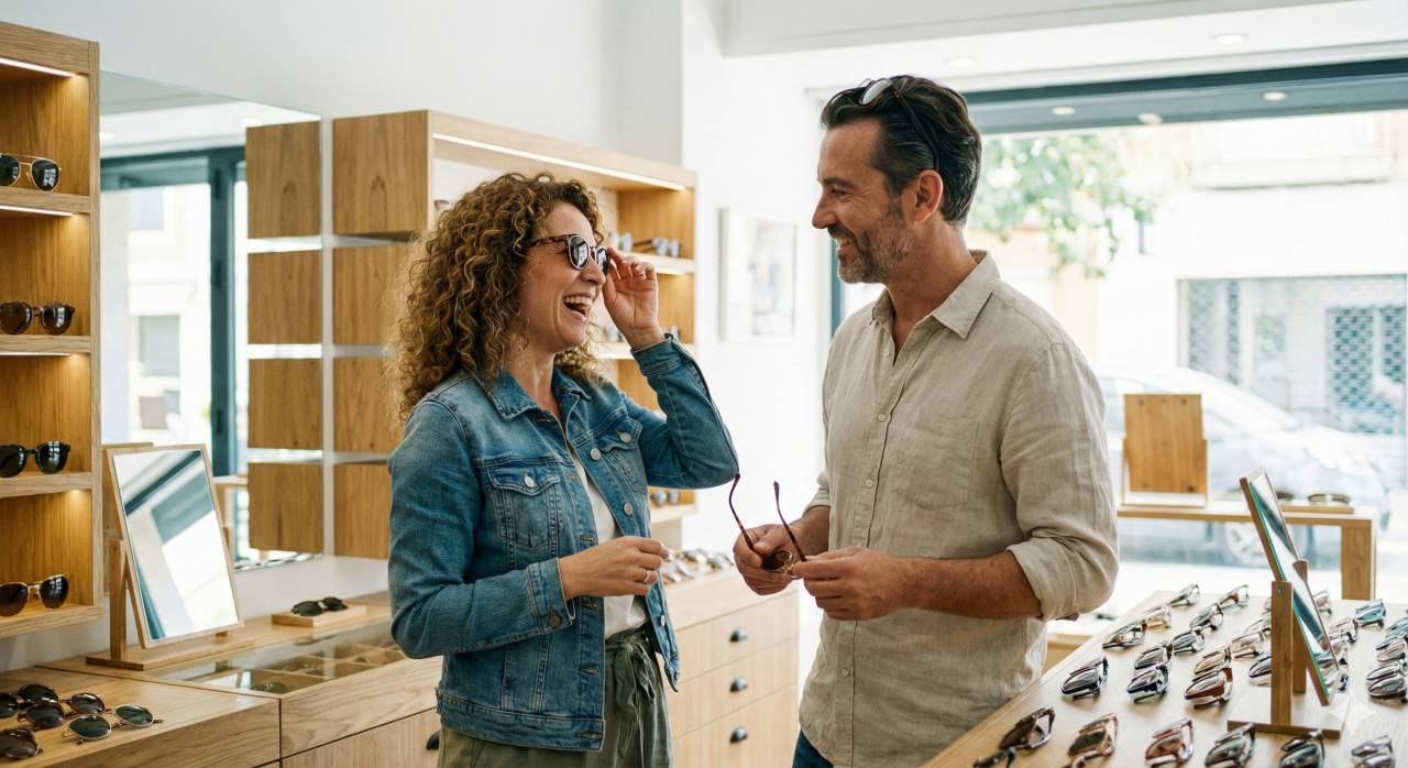 Coppia di persone che sceglie un paio di occhiali da sole in un negozio di ottica di Pavia